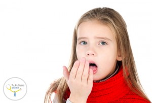 Sick little girl in red scarf coughing isolated