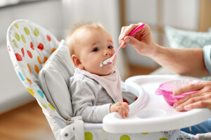 father feeding baby sitting in highchair at home